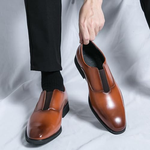 Men's Leather Elastic Band Low Top Dress Business Loafers Fashion Square Toe Low Heeled Slip-On Formal Tuxedo Derby Shoes Classic Plain Toe Modern Formal Leather Shoes4