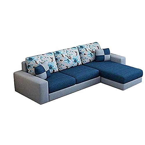 Image of Casaliving - Rolando L Shape Sofa for Living Room with 2 Puffy | Color - Grey & Navy Blue | Left Side Sofa (Blue-Grey)