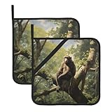 Juego de 2 alfombrillas de aislamiento térmico impresas con diseño de mono sentado en un árbol, adecuadas para hornear y cocinar