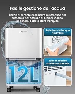 Pro Breeze Deumidificatore a compressore 12L con serbatoio dell'acqua da 2L, asciugatura della biancheria e sensore di umidità - Rimuovi muffa portatile timer 24H per umidità, muffa nera e condensa