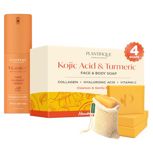 PLANTIFIQUE Serum Facial Coreano para Gua Sha Masaje con Vitamina C - Suero Antiedad, Antiarrugas y Antimanchas, 30 ml & Kojic Acid Soap - Jabón de Curcuma y Acido Kojico - 4 Barras