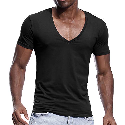 Make Skin Make Bone Mens Deep V Neck T Shirts Slim Fit Basic Tee Shirt Short Sleeve Sexy Black XXL