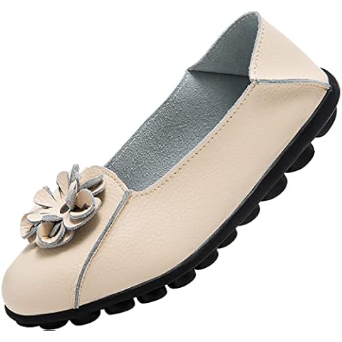 LINZHEN Women's Leather Loafers Slip On Flats Casual Round Toe Moccasins Wild Breathable Comfortable Walking Working Driving Long Standing Fashion Soft Shoes Beige Size 8 Cover