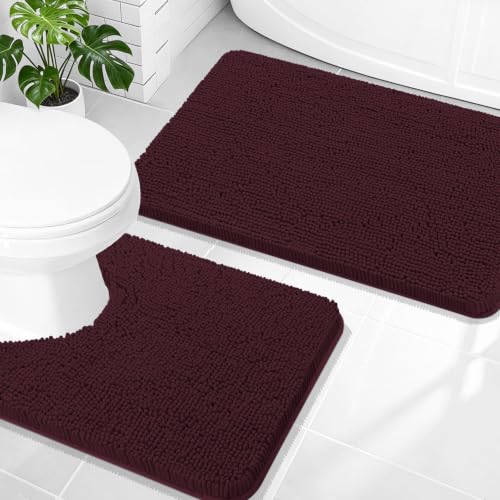 Image of OLANLY Bathroom Rugs Sets 2 Piece, Soft Absorbent Chenille Bath Mats and U-Shaped Contour Toilet Mat Area Rug Set, Machine Washable Bath Carpet, Home Decor Accessories(30 inchx20 inch+24 inchx20 inch, Black Cherry)