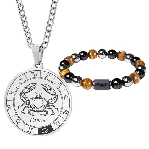 Caimeytie Ensemble pour homme avec signe astrologique, collier et bracelet en acier inoxydable avec constellation, bracelet élastique de perles, cadeau...