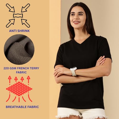 Image of Women's Pure Cotton Relaxed Fit V-Neck Half Sleeve T-Shirt | Gym Wear Casual Look T-Shirt | Regular Fitting with Comfort Wear for Women