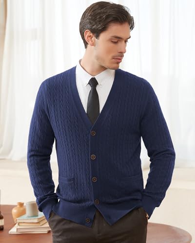 Kallspin Men's Cardigan Sweater Wool Blend Cable Knit V Neck Buttons Cardigan with Pockets3