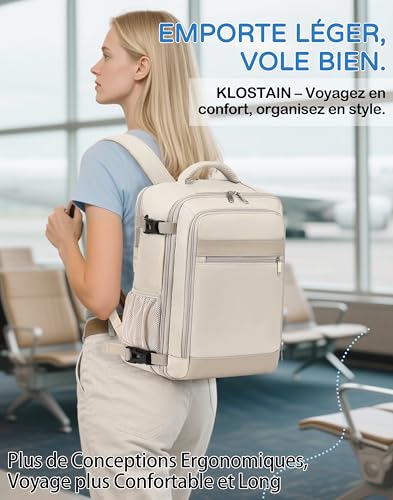 KLOSTAIN Sac à Dos Voyage Cabine Avion 45x36x20 pour Easyjet 30L Bagage Cabine Grande sous Siège Bagage à Main Homme Femme Sac à Dos pour Ordinateur Portable 15.6 Pouces Couleur Beige – Image 6