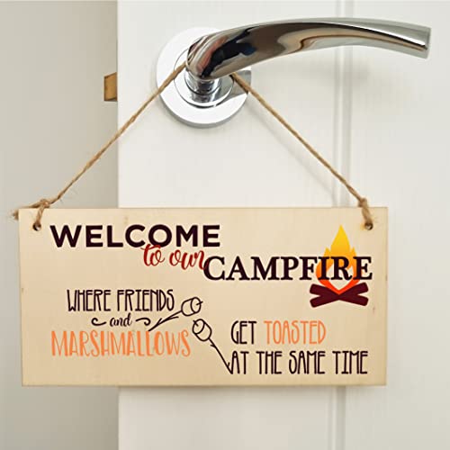 The Plum Penguin Handmade Wooden Hanging Wall Plaque Welcome to our Campfire Friends Roasted Funny Camping Tent Adventure Sign - Image 4