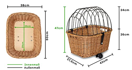 Tigana - Hundefahrradkorb für Gepäckträger aus Weide mit Gitter 50 x 38 cm Eckig Schwarz (S-S) (ohne Kissen)
