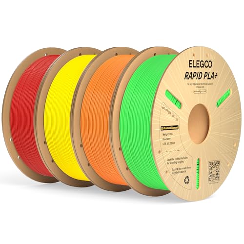 Image of ELEGOO Rapid PLA Plus Filament 1.75mm Bundle 4KG, PLA+ 3D Printer Filament for Fast Printing, Dimensional Accuracy + /- 0.02mm, 4 Pack 1kg Cardboard Spool(2.2lbs) Green /Orange /Yellow /Red