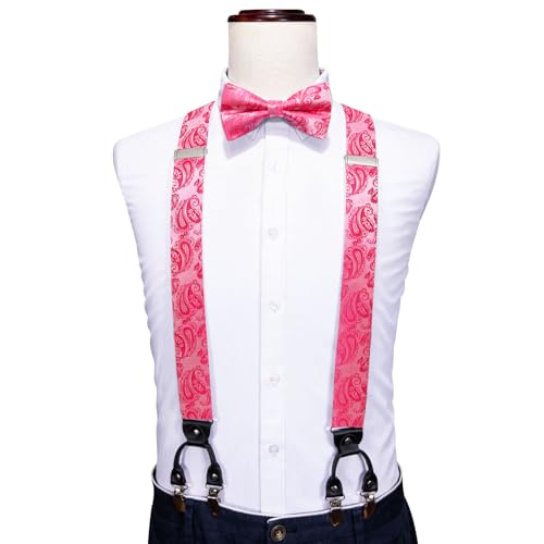 Image of Barry.Wang Men Suspender Set with Necktie Elastic Y Type Heavy Duty 6 Clips Braces Tie Handkerchief Cufflink Pin 6PCS