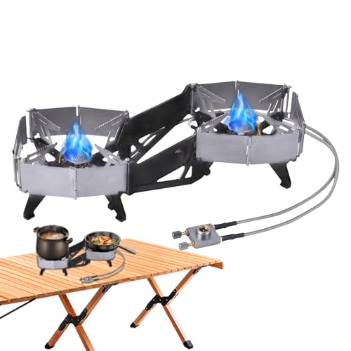 Quemador doble plegable, estufa de camping con 2 quemadores, portátil, dos para cocinar al aire libre, utensilios de cocina para exteriores de alto rendimiento y protección contra el plegable