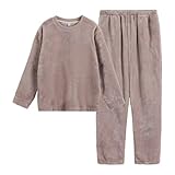 [HEWEAYTA] パジャマ メンズ フランネル 上下セット - ルームウェア 冬 丸首 厚手 もこもこ無地 部屋着 肌に優しい 長袖長ズボン 防寒 冬場 正月 暖かい 快適(ライトグレー,XL)