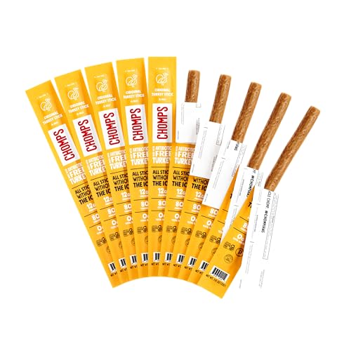 Chomps Original Turkey Jerky Meat Snack Sticks 10-Pack - Keto, Paleo, Low Carb, Whole30 Approved,...