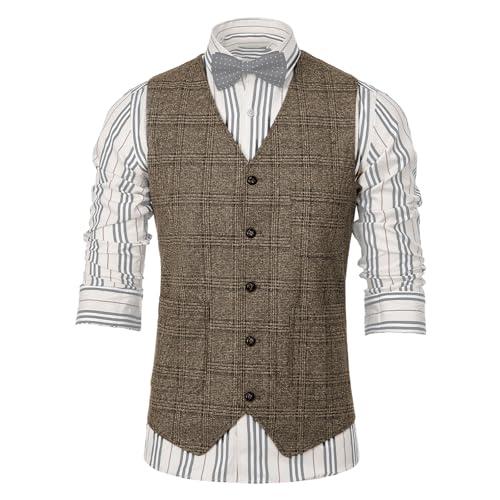 SevenBoy Mens Vintage Suit Vest Plaid Tweed Waistcoat Casual Dress Vest