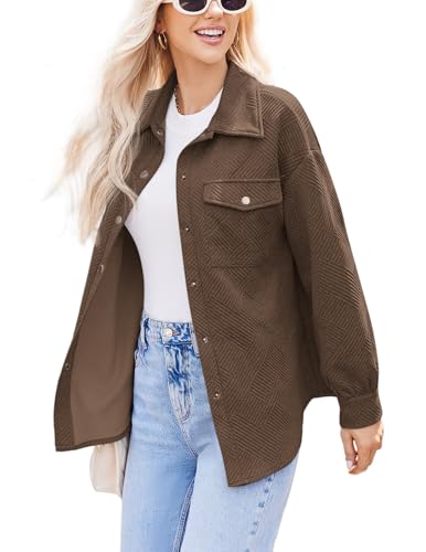 Women Shacket Jacket with Pockets Casual Fall Coat Long Sleeve Shirts Button Down Collared Winnter Clothes