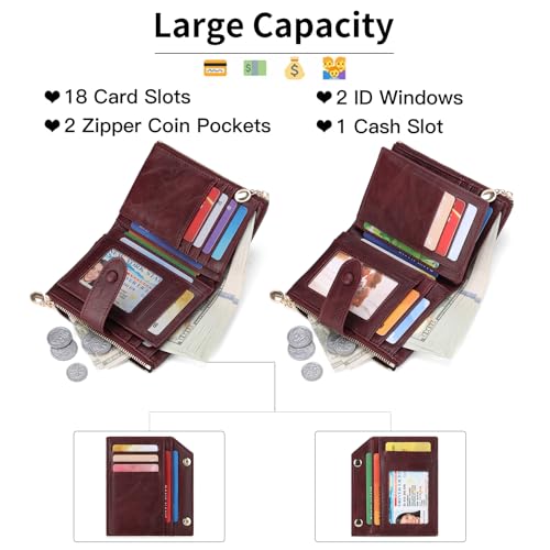 GAEKEAO Small Wallets for Women Leather RFID Blocking Bifold Double Zipper Pockets Wallet Card Case Purse with 2 ID Windows2