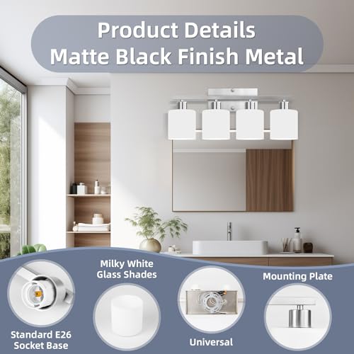 Image of CANMEIJIA 4-Light Bathroom Vanity Light Brushed Nickel E26 Glass Sconce | Modern Dimmable Milky White Shades with Waterproof Rust-resistant Finish for Mirror Restroom, Easy Installation