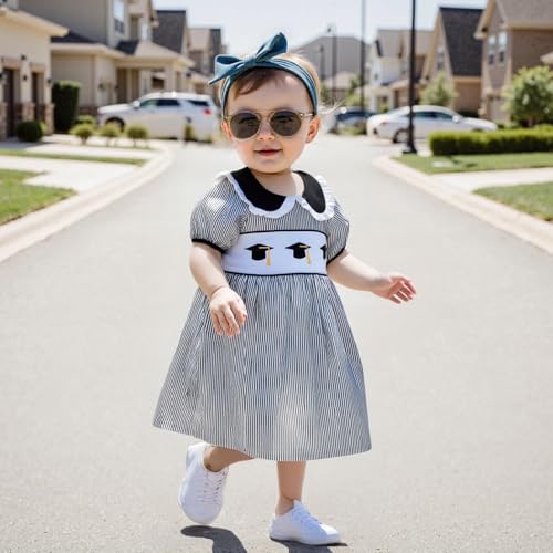 GOOCHEER Kids Toddler Girl Back to School Outfit Graduation Cap Striped Peter Pan Collar Short Sleeve Dress Clothes Summer2