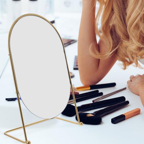 Espejo de maquillaje ovalado con soporte y acabado dorado miniatura 2