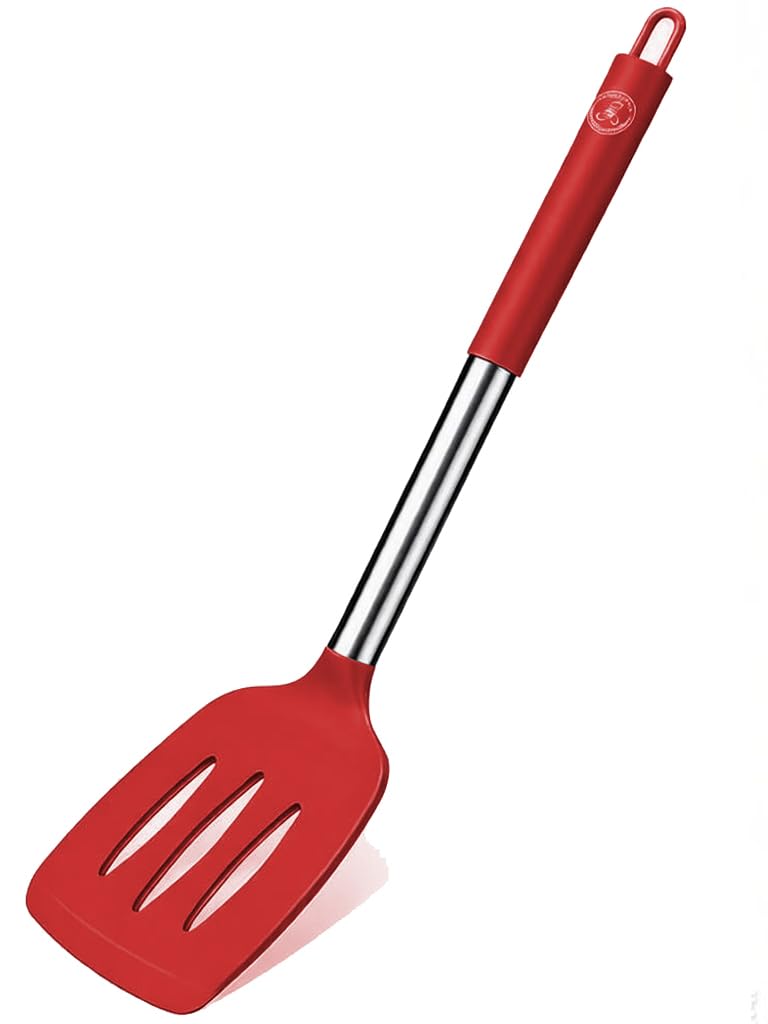 Silicone Slotted Turner Spatula Heat Resistant, Stainless Steel(Red)