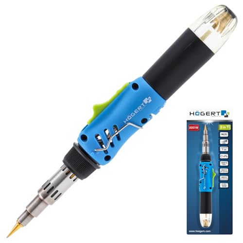HÖGERT TECHNIK Saldatore a gas 3 in 1, 220 W, accensione piezoelettrica, saldatore (400 °C), bruciatore (1300 °C), senge (550 °C), butano propano, compatto, ergonomico, 40 minuti