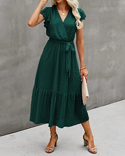 Image of BTFBM Women Summer Bohemian Floral Casual Wrap V Neck Ruffle Cap Sleeveless Belt A-Line Pleated Hem Midi Sun Dress White