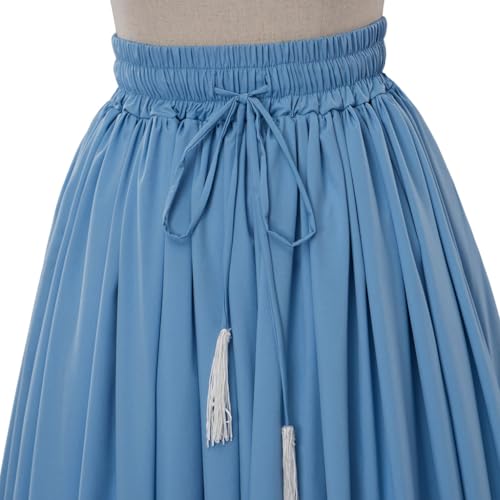 Women's Long Maxi Skirt with Lace Trim, Light Blue, Elastic Waist with Tassel Drawstring2