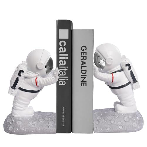 Image of Kakizzy Book End Holder, Astronaut Bookends Outer Space Themed Astronaut Figurine Decorative Book Stoppers to Hold Books Heavy Duty Bookshelf Ends for Kids Rooms Space Decor Bookends (A-Silver Color)