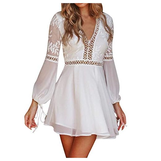 NPRADLA 2018 Herbst Winter Damen Kleider Elegant Frauen Manteltee Einfarbig V-Ausschnitt Spitze Patchwork Langarm Rückenfrei Party Verband Mini(Weiß,S) 8 NPRADLA 2018 Herbst Winter Damen Kleider Elegant Frauen Manteltee Einfarbig V-Ausschnitt Spitze Patchwork Langarm Rückenfrei Party Verband Mini(Weiß,S)