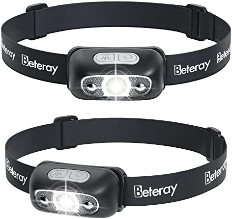 Rechargeable Headlamp for Adults with 300 Lumens USB Head Lamp with Lightweight Design(0.08 LB), IPX4 LED Sensor Headlamps for Running Camping Reading with Long Run Time (Black & White) - 2 Pack