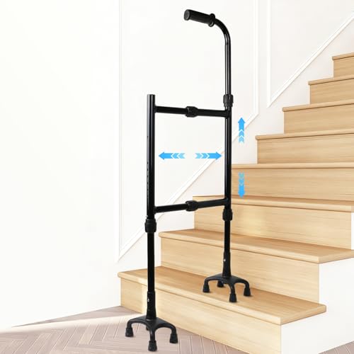 AMOVO Stair Assist Cane for Elderly - Adjustable Height & Width Stair Climbing Aid Devices & Stand Assist 450lbs Support Lightweight Portable Stair Helper Fits Indoor Outdoor (Stain Black)