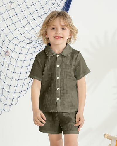 Image of Toddler Boy Clothes Little Kids Summer Outfits Short Sleeve Button Down Shirt Top Shorts Set 2 PCS Boy's Clothing