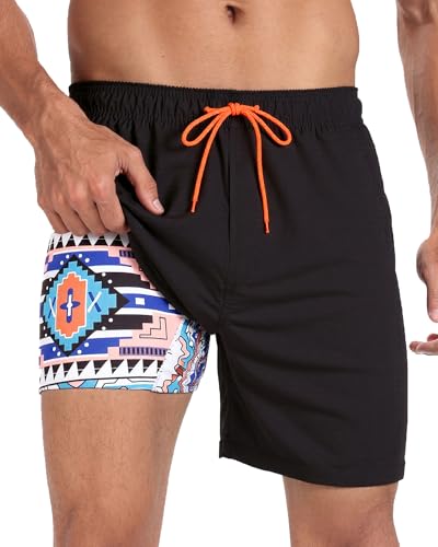 Image of Mens Swim Trunks with Compression Liner 2 in 1 Quick Dry Swimming Shorts Swimwear Bathing Suits with Pockets