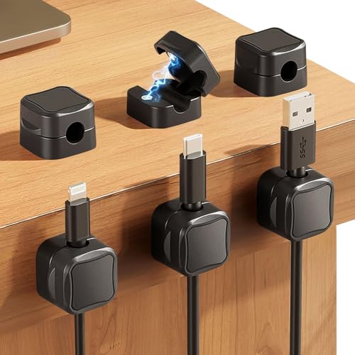 Ketilrub 6 organizadores de cabos magnéticos, clipe de cabo autocolante para secretária, parede, quarto, carro, suporte para cabo de alimentação, cabo de carregamento USB C, preto