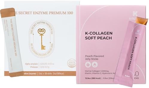 K K·NUTRA The Secret Enzyme Premium 100 (50 Sticks) & K-Collagen Soft Peach Collagen Jelly (30 Sticks) for Digestive Health, Skin Health