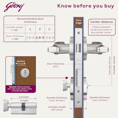 Image of Godrej Mortise Lock|Handle Lock Set for Main & Bedroom Door|HDH 05 Rossette Home Decor Handle|Matte Antique Brass Finish|9 Inch Lockbody|60 mm 1CK Cylinder - Knob from Inside & 3 Keys | 5 Y Warranty