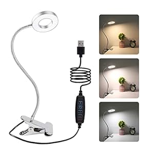 LED 8W Lampe de Bureau à Pince et Interrupteur, 3 Couleurs d’éclairage et 10 Intensités Variable, Flexible 360° col de Cygne, Lampe de Chevet USB pour Lire, Étude et Travail, Argent (Non Adapteur)