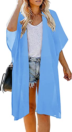 Image of Indian Trendy Women's Solid Puff Sleeve Kimono Long Cardigan Loose Cover Up Casual Blouse Top Chiffon