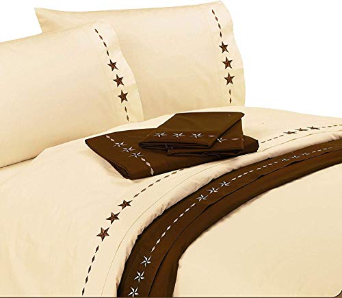 HiEnd Accents Embroidered Star Western 350 Thread Count Bed Sheet Set, Queen, Cream