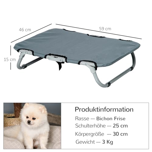 PawHut Hundeliege Outdoor, erhöhtes klappbares Haustierbett mit Stahlrahmen, kühlendes Hundebett für kleine Hunde, Haustierliege für Draußen Camping, Grau, 59 x 46 x 15 cm
