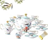 ACMLIFE Fine Bone China Tea Set with Teapot, Porcelain Tea Sets for Adults, 21-Piece Vintage Tea Set for 6, 24K Gold Blue English Floral Bone China Tea Sets for Women Tea Party for Christmas Gifts
