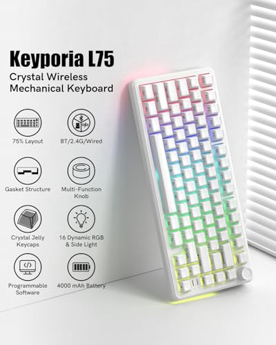 Image of L75 Wireless Mechanical Keyboard with Knob, 75% Hot Swappable Custom Gaming Keyboard Gasket Structure with RGB Backlit, Pre-lubed Switches, Crystal Jelly PBT Keycaps, 2.4GHz /USB-C /BT5.0 Mode