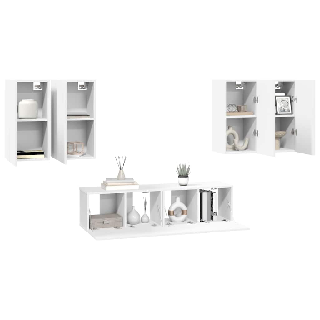 6-TLG. TV-Schrank-Set Weiß Holzwerkstoff, Hängend, Modernes Media-Center für Wohnzimmer, Schlafzimmer, Stauraum, 30x30x60cm