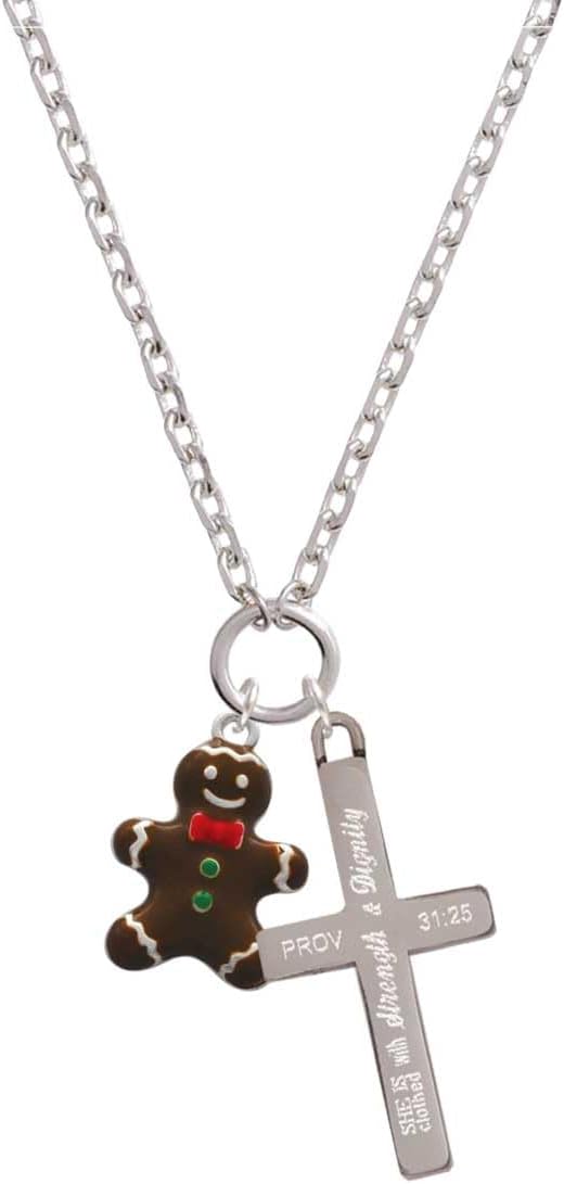 Delight Jewelry Enamel Gingerbread Boy - Strength and Dignity Engraved Cross Zoey Necklace, 28"