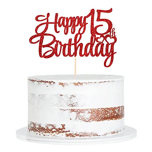 Db11 QERTESL Red Glitter 15Th Birthday Happy Birthday Cake Topper 15Th Birthday Party Cake Decorations Hello 15 Years Old Cheers cover