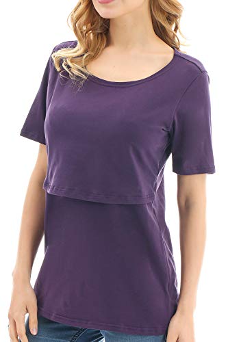 Bearsland Women's 3 Packs Cotton Maternity Nursing Tops Short Sleeve Breastfeeding Clothes,Purple+Redwit+Armygreen,S #TOP5
