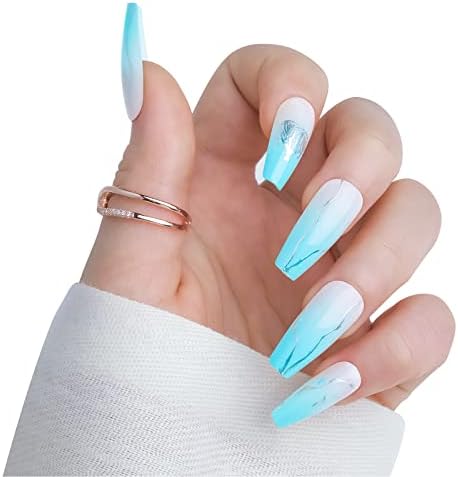 Press on Nails Medium Coffin Blue, Silver Pattern Soft Gel Fake Nails for Women Fit & Natural, Stick on Nails Acrylic Reusable, 24pcs False Nails with Design Glue Art Kit