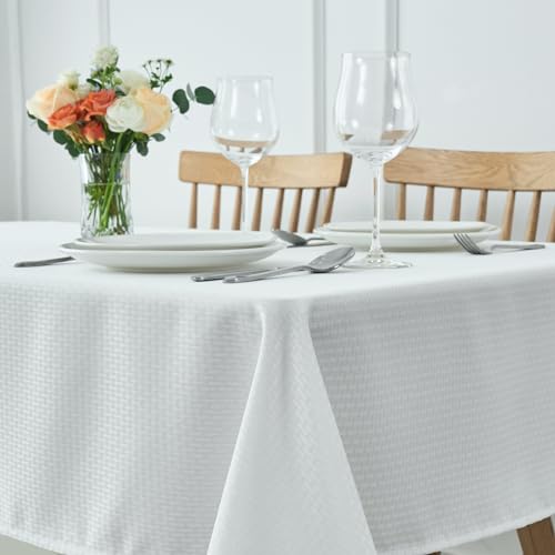 Image of maxmill Tablecloth Weaved Texture Stain Resistant Waterproof, Wrinkle Resistant Washable Table Cloth, Fabric Table Cover for Dining Room, Indoor Outdoor Use, Rectangle 60 x 120 Inch, White